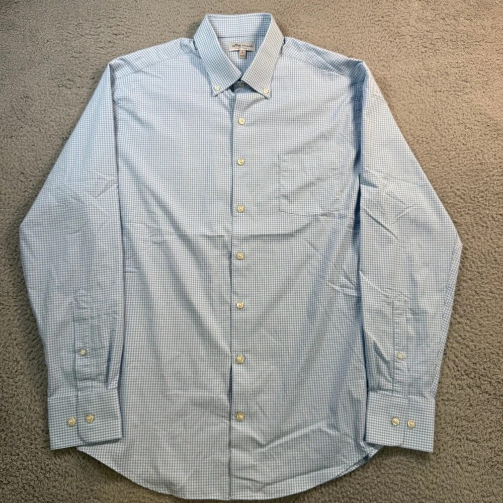 Peter Millar Summer Comfort Blue Gingham Fortinet Logo Shirt Mens Large L
